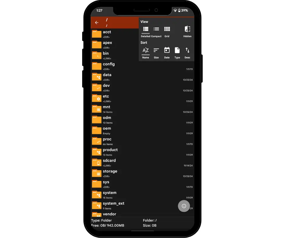 Click on top 3 dots and sort your files by az by size or by date also change files into grid or list